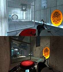 Two images showing the same test chamber from the same vantage point, consisting of a red button, a weighted cube dispenser, an exit door, and a translucent observation window, in both Portal and Portal 2. The top picture shows these elements in pristine condition, while the second shows discoloration, deterioration, and overgrowth from plants.