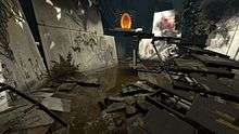 A screenshot of a chamber, swamped with water and overgrown vegetation. Parts of walls have fallen off from the sides of the room and have been painted with scenes of elements from the first game.