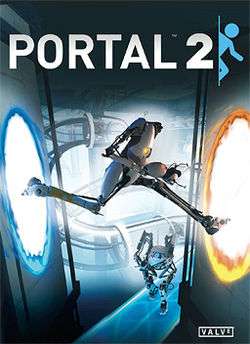 Cover art of the game; two humanoid robots are shown standing into a large, futurist setting with catwalks, pneumatic tubes, and other features in the background. One robot (P-Body) is crossing between two portals in the foreground, the other (Atlas) watching from behind.