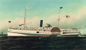 Painting of steamship from the side showing the whole ship as it steams with flags hoisted and three decks populated with riders.