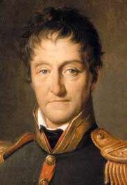 Painting of a long-faced man with wavy brown hair. He wears a dark blue military coat with gold epaulettes.