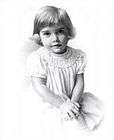 sweet,gentle graphite drawing of tow-headed toddler with white smocked collar dress in an intricate design
