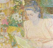 Impressionist painting of a young woman reading a book