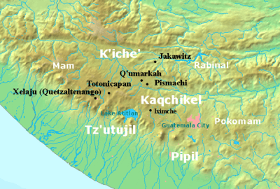The highlands of Guatemala are bordered by the Pacific plain to the south, with the coast running to the southwest. The Kaqchikel kingdom was centred on Iximche, located roughly halfway between Lake Atitlán to the west and modern Guatemala City to the east. The Tz'utujil kingdom was based around the south shore of the lake, extending into the Pacific lowlands. The Pipil were situated further east along the Pacific plain and the Pocomam occupied the highlands to the east of modern Guatemala City. The K'iche' kingdom extended to the north and west of the lake with principal settlements at Xelaju, Totonicapan, Q'umarkaj, Pismachi' and Jakawitz. The Mam kingdom covered the western highlands bordering modern Mexico.