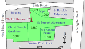 An irregularly shaped tract of land, approximately 300ft west-to-east and 200ft north-to-south is set in a rectangle formed on three sides by streets. To the west is King Edward Street; to the north is Little Britain; to the east is Aldersgate Street; to the south is a large building occupying the entire southern edge of the park, labelled "General Post Office". The north-western part of the rectangle is occupied by housing, and the north-east part is occupied by St Botolph's Aldersgate church. The remainder of the land is parkland; the western portion is labelled Christ Church Greyfriars, a small square to the south adjacent to the Post Office but not touching any of the streets is labelled St Leonard, Foster Lane. A triangular shape at the northern edge is labelled CPF, with the western half marked "1898" and the eastern half marked "1900". The remainder of the land is occupied by an irregular shape labelled "St Botolph's Aldersgate". Immediately south of the western half of the CPF triangle, parallel to the eastern end of the section marked "housing", is a wall roughly 50ft long, labelled "Wall of Heroes".