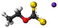 Ball-and-stick model of the component ions of potassium ethyl xanthate