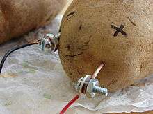 Photograph of a potato. A copper wire is stuck into the potato, and an insulated lead wire is connected to the top of it using a nut and screw. A galvanized machine screw is also suck into the face. There is a nut that is next to the screw head; the second lead wire is squashed between the head and the nut. A "+" symbol is marked on the potato's skin near the copper wire that is stuck into it.