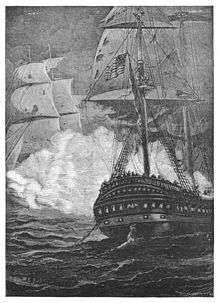 President and Endymion engaged in battle. President is in the foreground shown from the stern and Endymion is covered in cannon smoke