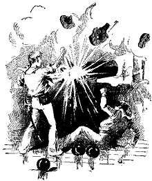 A drawing depicting two sailors behind an exploding cannon. One sailor is shown falling onto the deck of the ship towards the lower right of the frame. Pieces of metal from the exploding cannon are shown moving towards the upper right of the frame. Several loose cannonballs are at the lower part of the frame. The other sailor is still behind the cannon, apparently as yet unharmed.