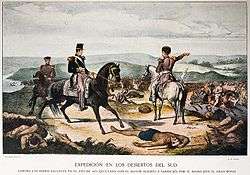 "Colored engraving depicting 3 uniformed men on horseback on a hilltop with dead bodies strewn about and one uniformed man pointing to the valley below in which half-naked warriors are fleeing before a line of uniformed and mounted troops"