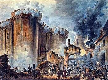 On the left-hand side of the piece, a building with towers is being attacked and is bathed in flames. On the right-hand side of the work, black smoke billows around. At the base of the piece, small people are fighting and destroying the building brick by brick.