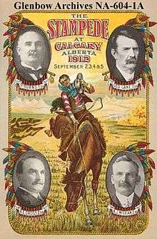 A poster featuring a man riding a bucking horse on an open prairie field.  In each corner is a photograph of four different middle-aged well-dressed gentlemen.