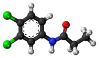 Ball and stick rendition of the propanil molecule