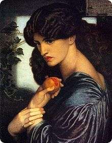 Half=length portrait of a woman turned sideways, holding a pomegranate. She is wearing a blue robe and dark brown hair tumbles down her back, which is partially exposed. She has classical Roman features and bright, red lips.