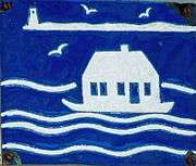 A square, royal blue ceramic plaque, with a white-line design etched into it, depicting Long Point Light, in the background, and a boat floating a house on the water.