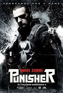 Official graphic poster of the film ,shows the Punisher in his tradional vest and logo ,holds two guns and looks toward the viewer ,with the film's title and credits below him.