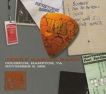 An orange guitar pick with a "JGB" design, a hand-written set list, a Merriweather Post Pavilion ticket stub, a Keystone Berkeley napkin, two photos of Jerry Garcia as a stage magician conjuring a guitar from out of a hat, and a backstage pass for the Jerry Garcia Band