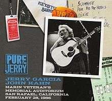A photo of Jerry Garcia on stage with an acoustic guitar, an orange guitar pick with a "JGB" design, a hand-written set list, a Merriweather Post Pavilion ticket stub, a Keystone Berkeley napkin, two photos of Jerry Garcia as a stage magician conjuring a guitar from out of a hat, and a backstage pass for the Jerry Garcia Band