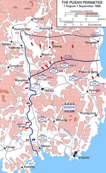 Map showing the dispositions of military forces around the Pusan Perimeter in August–September 1950.  Pusan is in the bottom righthand corner of the map, markings show that the US and their allies held land roughly rectangular in shape, approximately 30 miles east-west, and 60 north-south on 3 August, shrinking to 40 miles north-south by 26 August.  The map also shows that much of the terrain is very hilly.