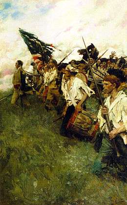 Painting shows ragged-looking soldiers advancing into battle under an equally tattered US flag.