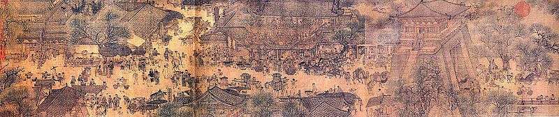 A large section of the painting "Along the River During Qingming Festival" depicting four large building complexes flanking a main city road, with two complexes on each side. At the end of the road is a city gate, nearly identical to the one described at the beginning of this article.