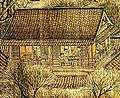 An expert from the painting "Along the River During Qingming Festival" depicting a simple building with a triangular roof. It appears that the teahouse is at the top floor of a multi-floor building, however the rest of the building is not shown.