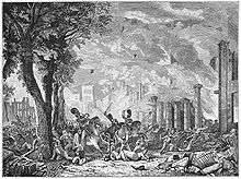 A chaotic scene of a riot in which buildings burn in the background while people are attacked by mounted soldiers with swords