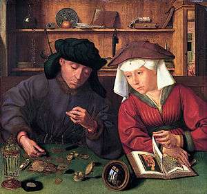 An oil painting of a money-lender or tax collector and his wife