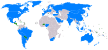 A map of the world showing countries which have relations with the Republic of China. Only a few small countries officially recognize the government of Taiwan, mainly in Central America, South America and Africa.