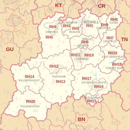 RH postcode area map, showing postcode districts, post towns and neighbouring postcode areas.