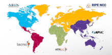 Map of service regions of the Regional Internet Registries