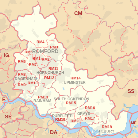 RM postcode area map, showing postcode districts, post towns and neighbouring postcode areas.