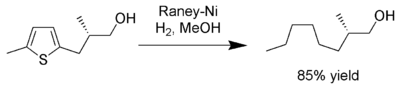 Chemical reaction: Reduction of thiophene under the action of hydrogen, Raney nickel and methanol