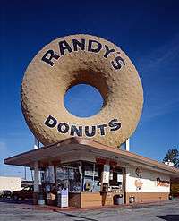 A picture of a Randy's Donuts location with iconic donut sculpture on the roof.