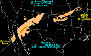 Map of the Central and Western United States and northern Mexico depicting rainfall from a storm. Two main swaths of rain are clearly visible on the right and left sides of the image.