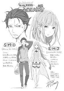 A drawing of Subaru and Emilia side by side, with close-ups of their faces positioned above them.  Japanese text on either side of the image.