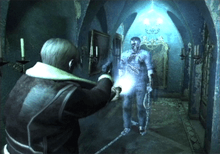 An image of a young man aiming his gun and flashlight at a hostile male figure wielding a large hook. The whole scene is marked by a bluish hue, giving the mansion environment an otherworldly feel.