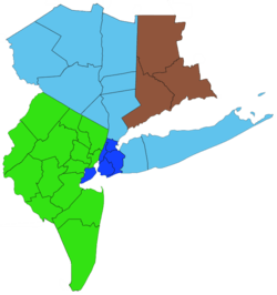 A color coordinated map of the 31 counties from New York, New Jersey, and Connecticut that are under the purview of the Regional Plan Association