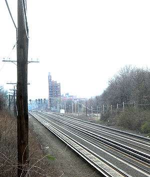 Four parallel railroad tracks on the Long Island Rail Road's Main Line in Rego Park, New York. Two outer trackways can clearly be seen, and run parallel to the four railroad tracks.