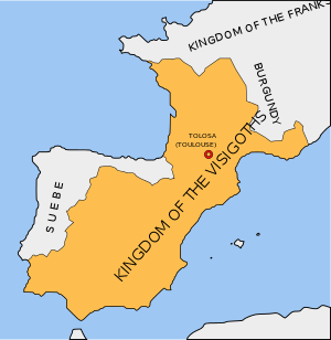 Map of France and Spain, with the Kingdom of the Visigoths in orange