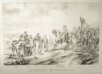 A lithograph depicting a bearded man in hat and cloak on horseback riding at the head of a group of uniformed horsemen while dismounted uniformed men stand in the foreground with bowed heads