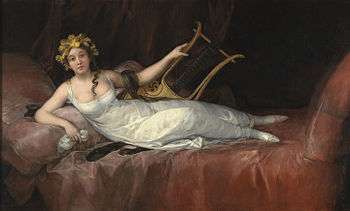 A painting depicting a woman with a lyre-guitar.