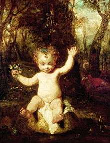 Oil painting representing Puck as a baby with pointed ears and curly blonde hair sitting on an enormous mushroom in a forest. He holds a small posy and grins mischievously.