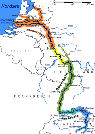 Map showing the tributaries of the Rhine River.