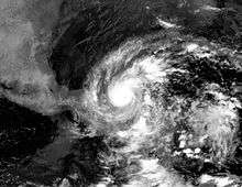 A black and white image of a tropical cyclone. A small eye is visible.