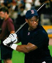 A dark-skinned man in a dark blue shirt. He is holding a black baseball bat over his shoulder in both hands. He is wearing a navy blue baseball cap with a red "B" outlined in white, and the same "B" logo is shown on his shirt at the neck.