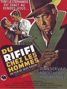 Movie poster illustrates Tony "le Stephanois" wearing a green jacket over a red background. In the background Jo "le Suédois" attempts to pull a telephone away from his wife. Text at the top of the image includes the tagline "Tony le Stephanois est exact au rendez-vous...". Text at the bottom of the poster reveals the original title and production credits.