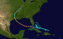 The path of a tropical cyclone on a map as represented by colored dots. Each dot represents the storm's intensity at six-hour intervals.