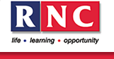 Large text "RNC" on blue and red fields, over text "life, learning, opportunity" in smaller font, over a red bar.