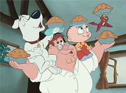 A cartoon drawing of an overweight man with glasses and brown hair, carrying an anthropomorphic white dog and a baby wearing red overalls on his shoulders, as all three hold a pie. A red cartoon bird carrying a pie is flying nearby.